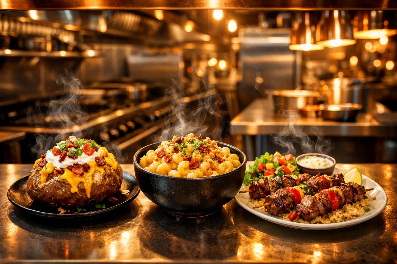 Three signature dishes from Big Brand Energy brands — loaded baked potato, gourmet mac and cheese, and Mediterranean kebab plate — on a commercial kitchen counter