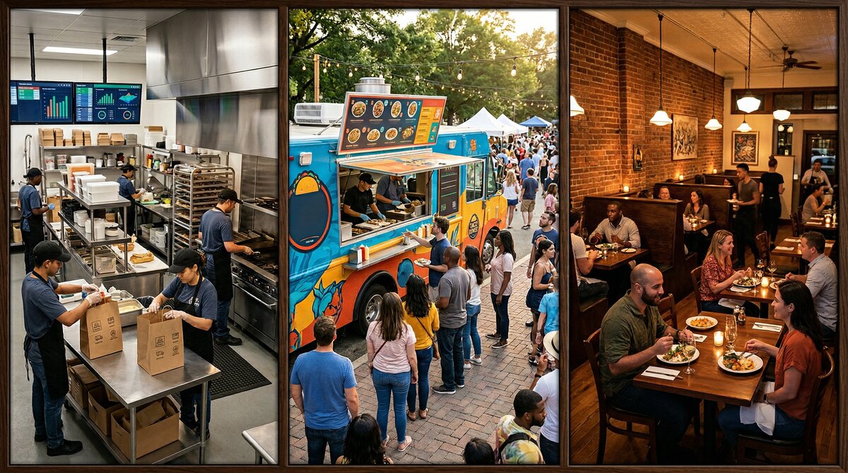 Three restaurant deployment models: ghost kitchen operation, food truck at outdoor event, and brick and mortar restaurant dining room